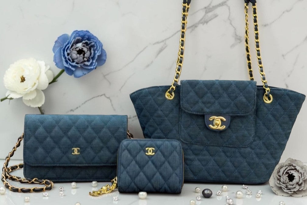 3 piece Quilted Denim Tote Bag, Wallet, and Single flap crossbody bag