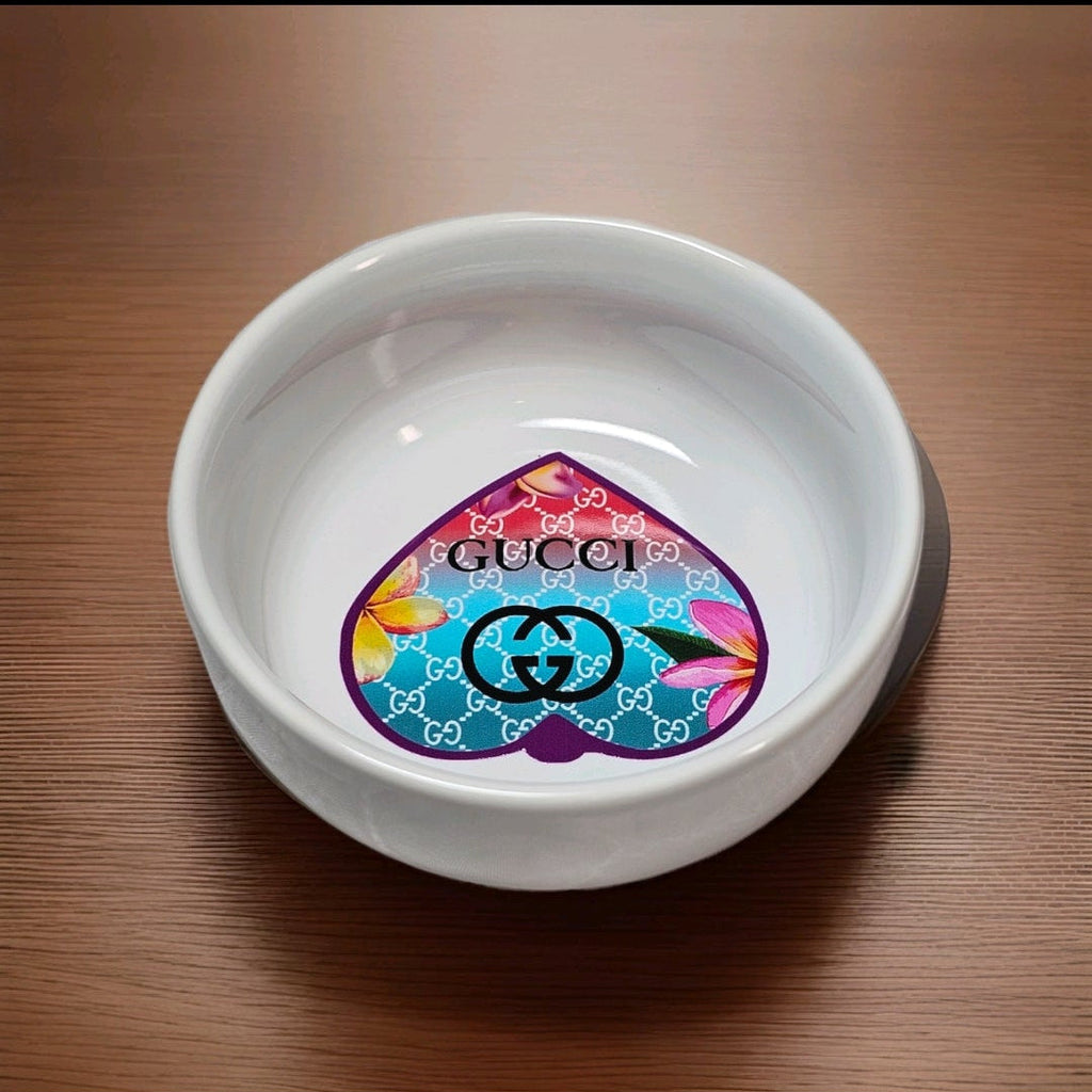 Custom designed Gucci Logo mini bowl White with Gucci multicolor floral Heart graphic