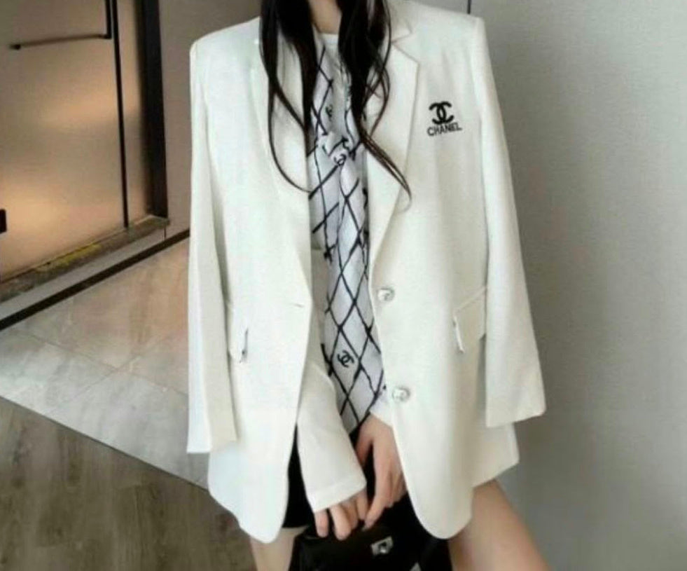 White Blazer Long Jacket with Contrast Logo