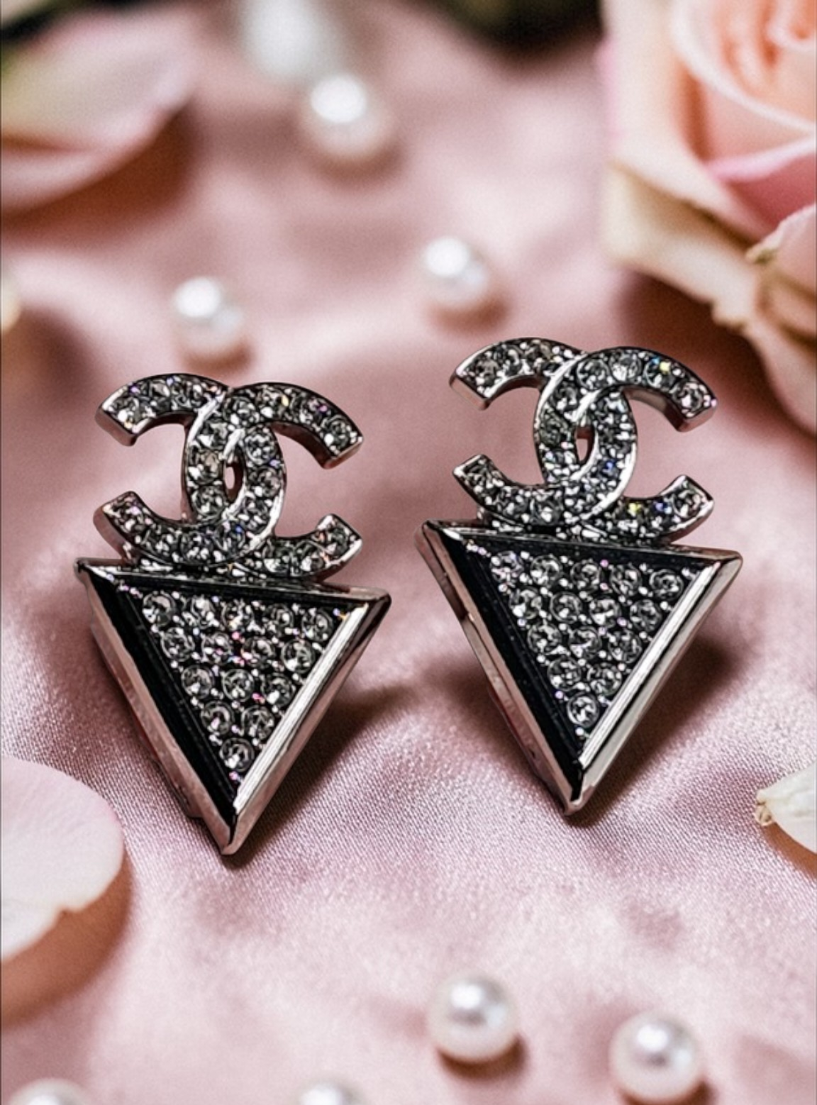 Chanel White Gold logo charm Geometric Statement Earrings