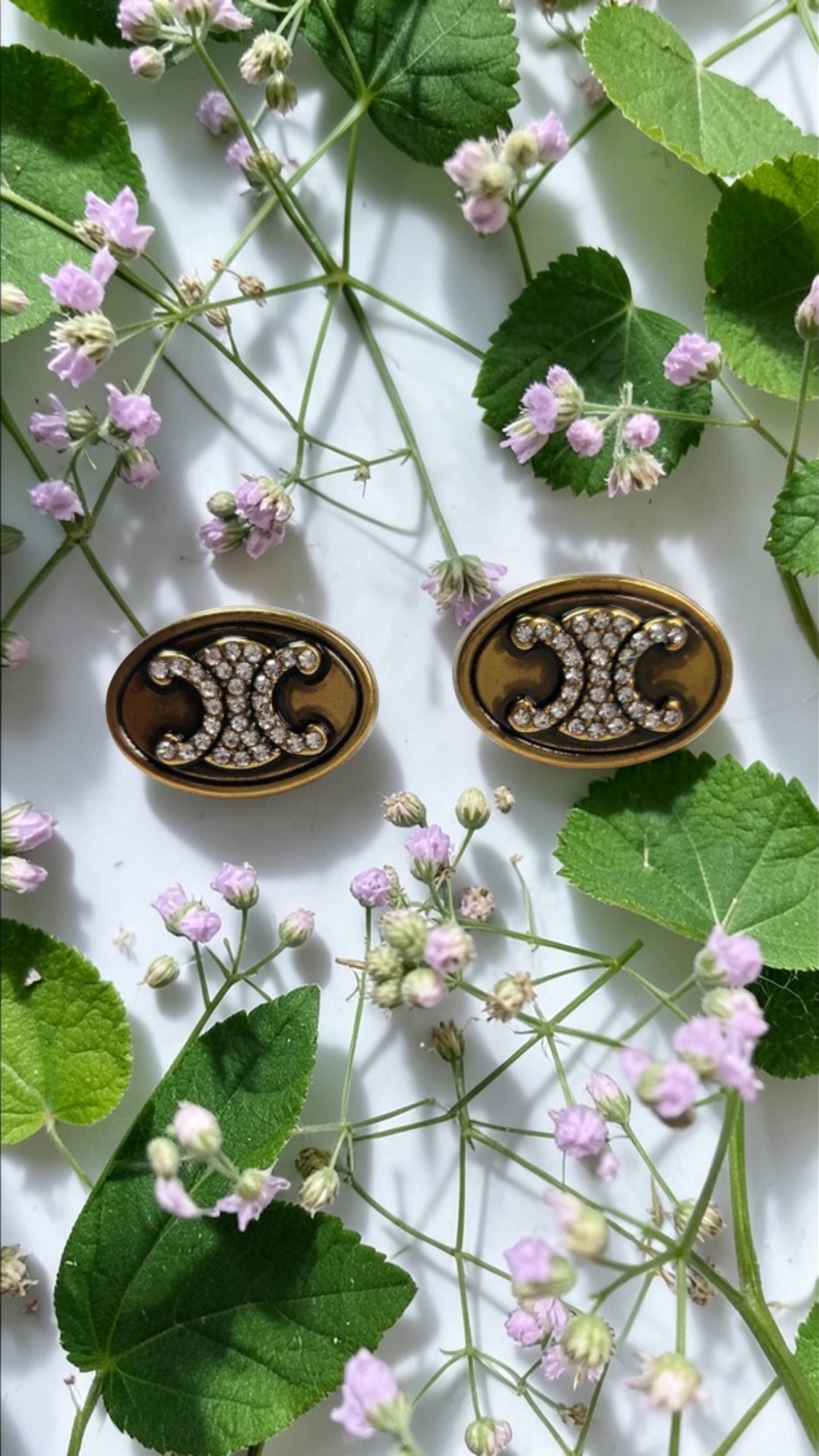 Celine logo Charm Stud Pierced Earrings Antique Gold