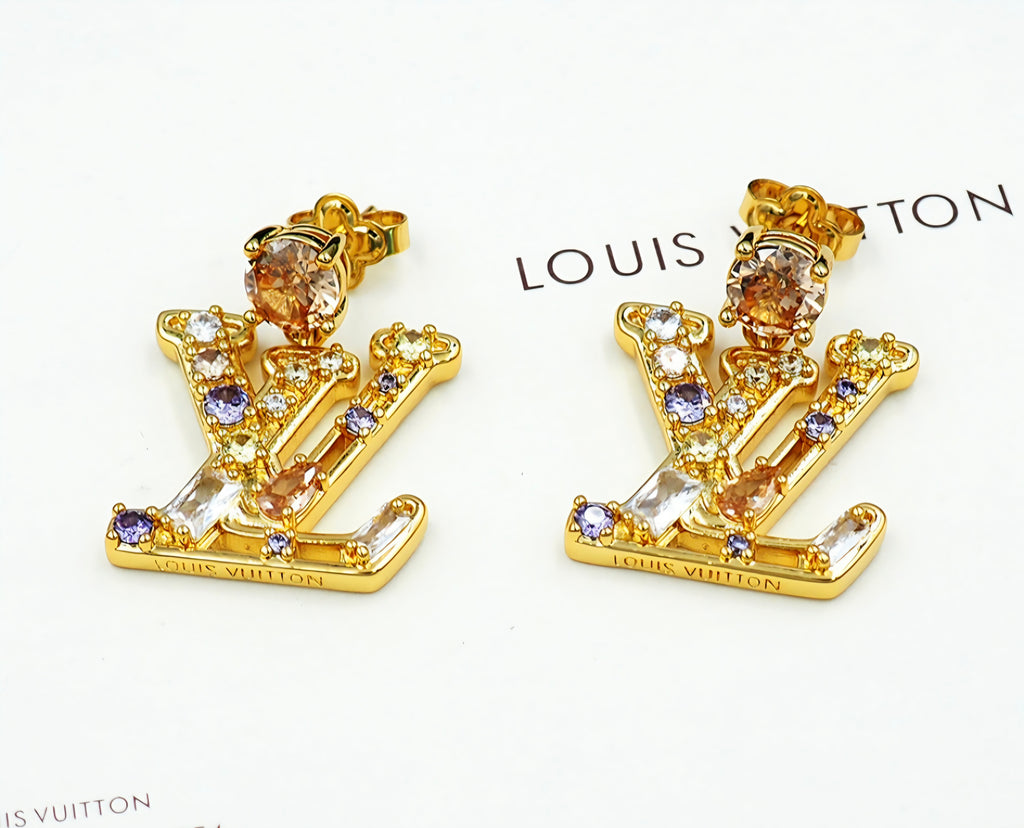 18K gold plated Gemstone Logo Dangle Earrings