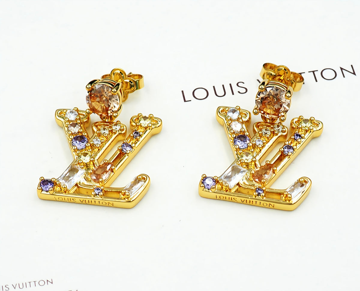 18K gold plated Gemstone Logo Dangle Earrings