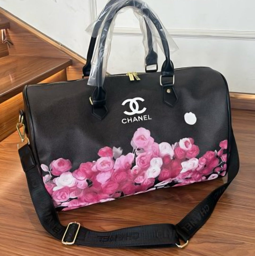 C Logo Large Black Floral Duffle Bag