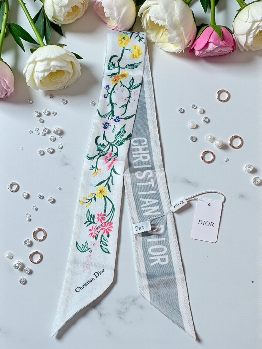 CD Logo Summer 2026 White Floral Bag and Hair Scarf NWT
