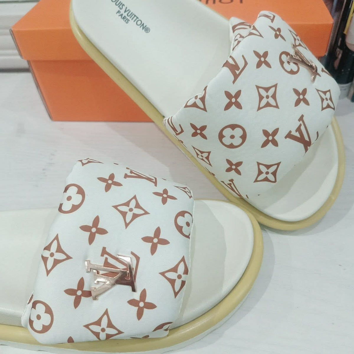 White and Pink Logo Slides w/ Statement Hardware