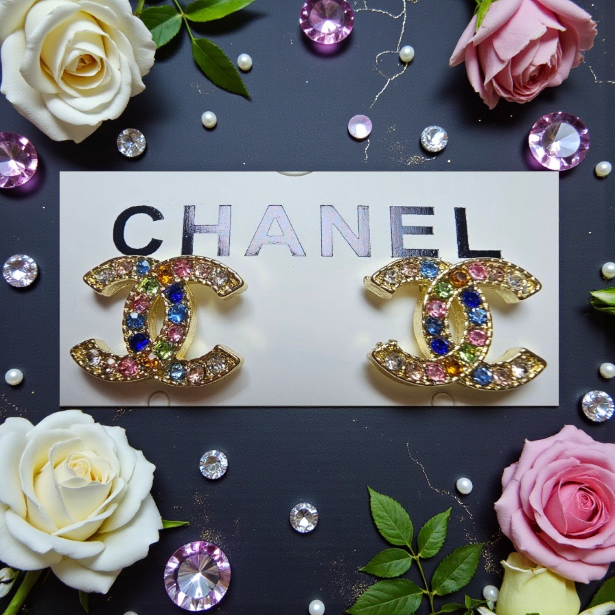 18K Gold plated CC logo multicolor gemstone pierced earrings