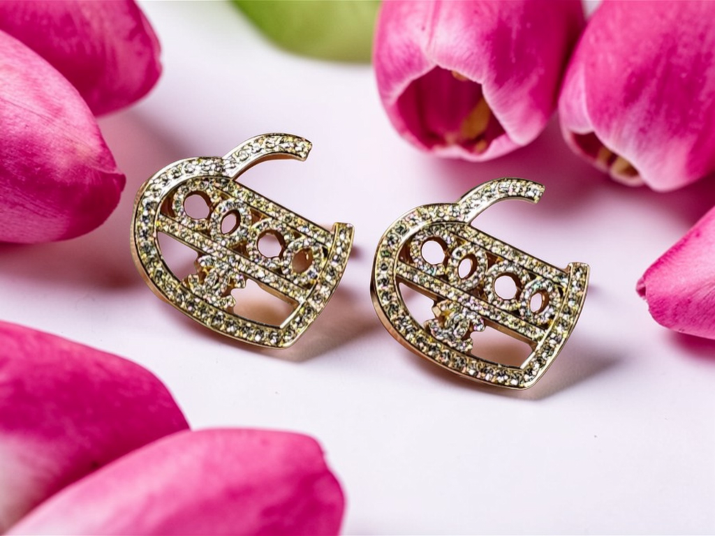 Chanel logo charm Gold Heart Stud Earrings Pierced Ears