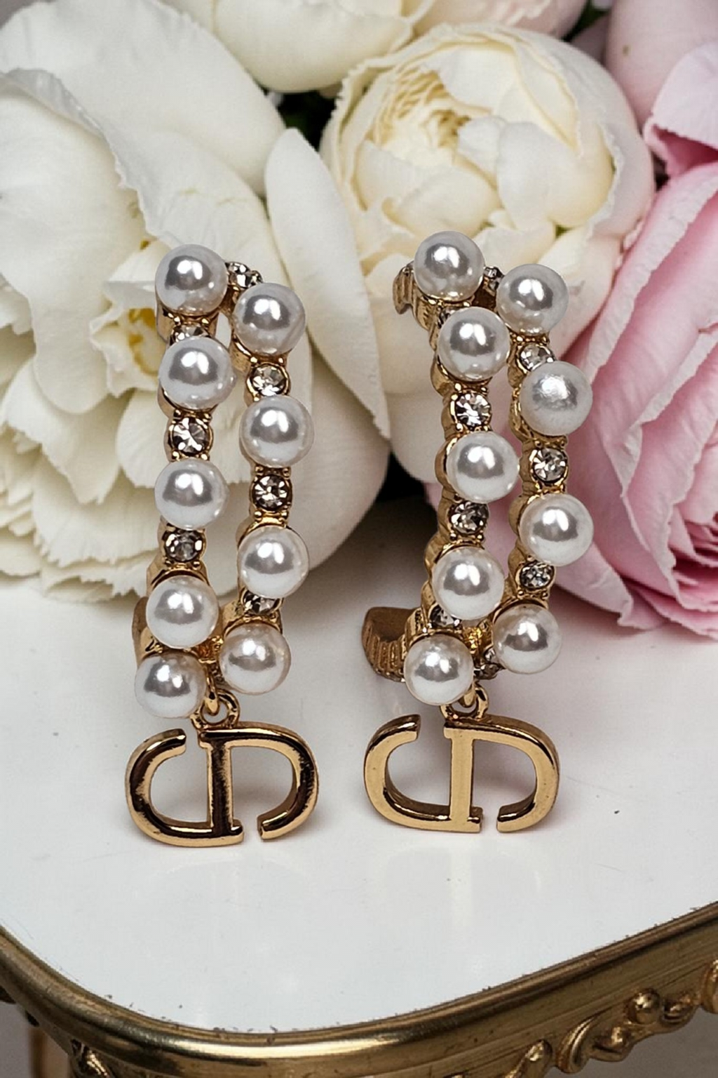 CD Dangle Pearl and Gemstone hoops for pierced ears