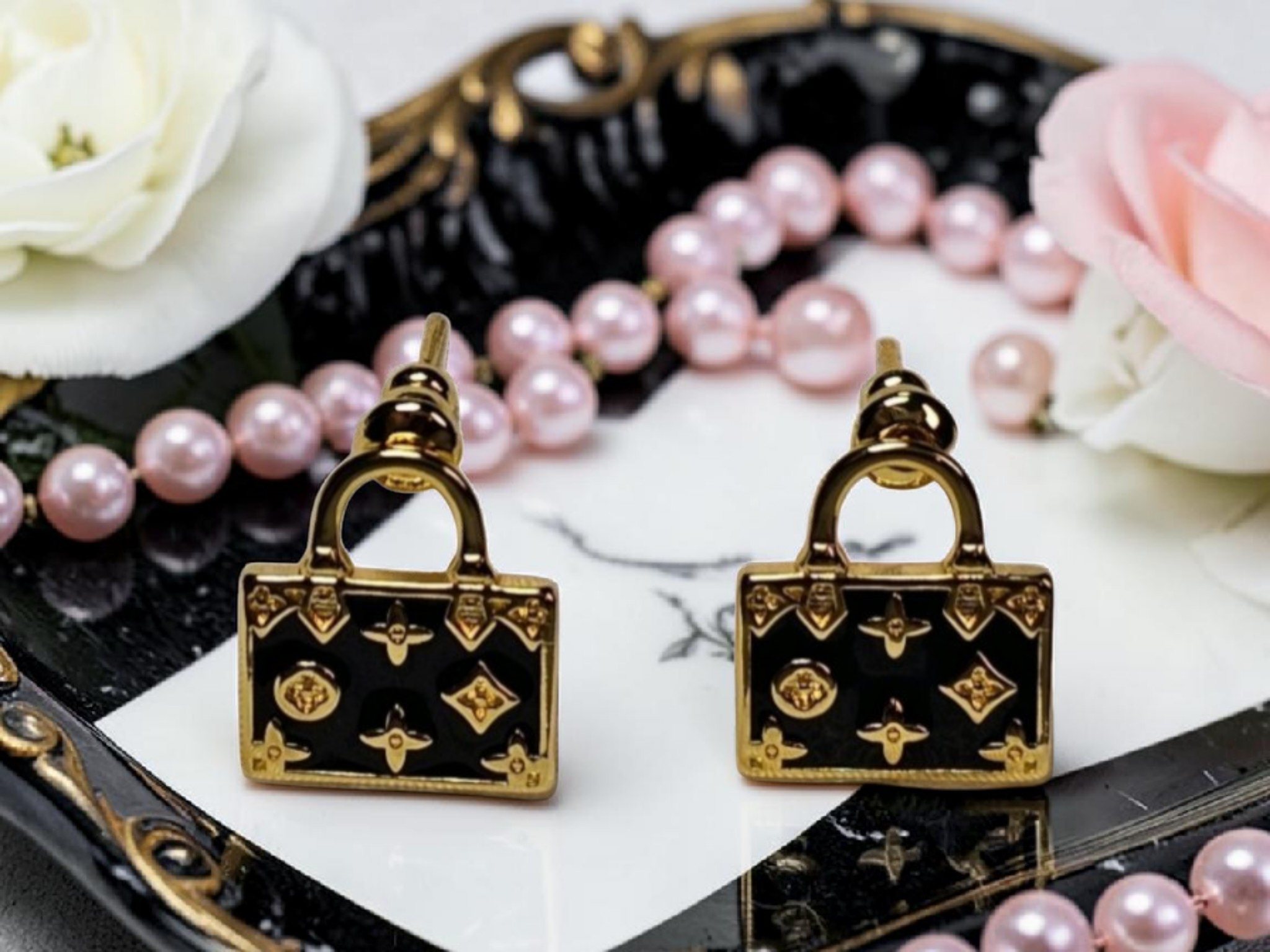 Gold and Black purse Pierced Stud Earrings