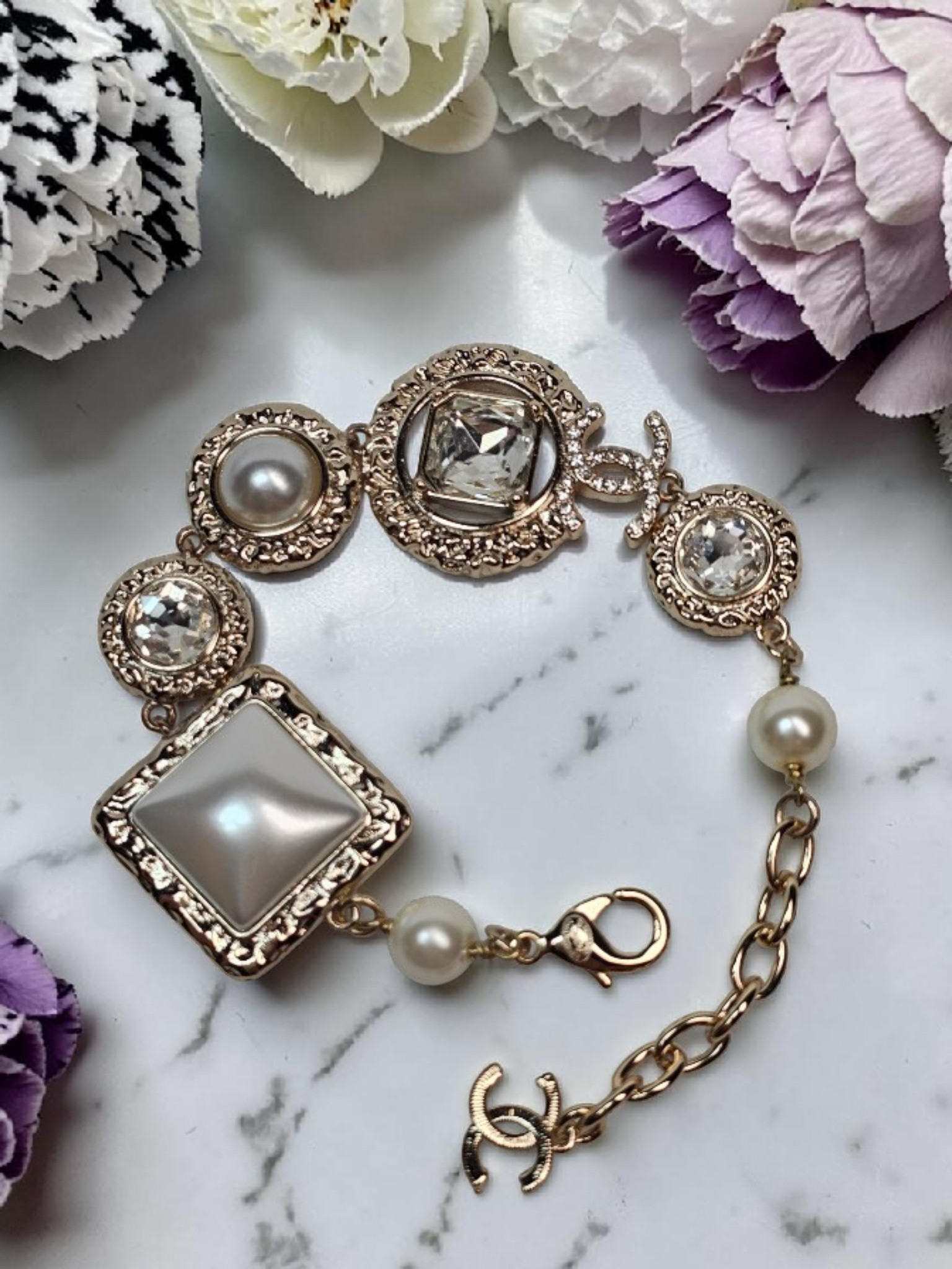 Gold CC Logo Statement Bracelet with charm