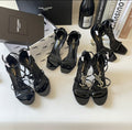 Black Strappy Y Heels w/ Letter Black Letter Heel Single Strap front version