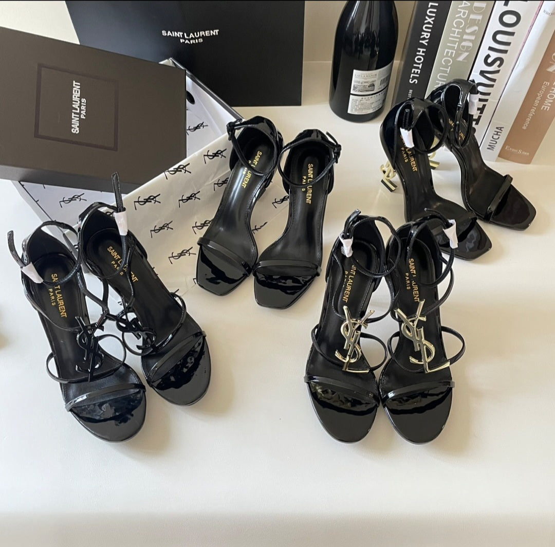 Black Strappy Y Heels w/ Letter Black Letter Heel Single Strap front version