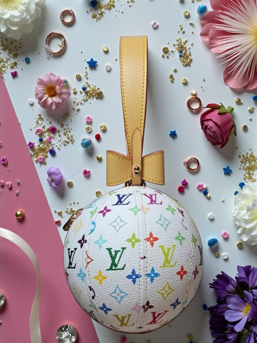 LV x White Murakami Monogram Logo Holiday Ball wristlet bag