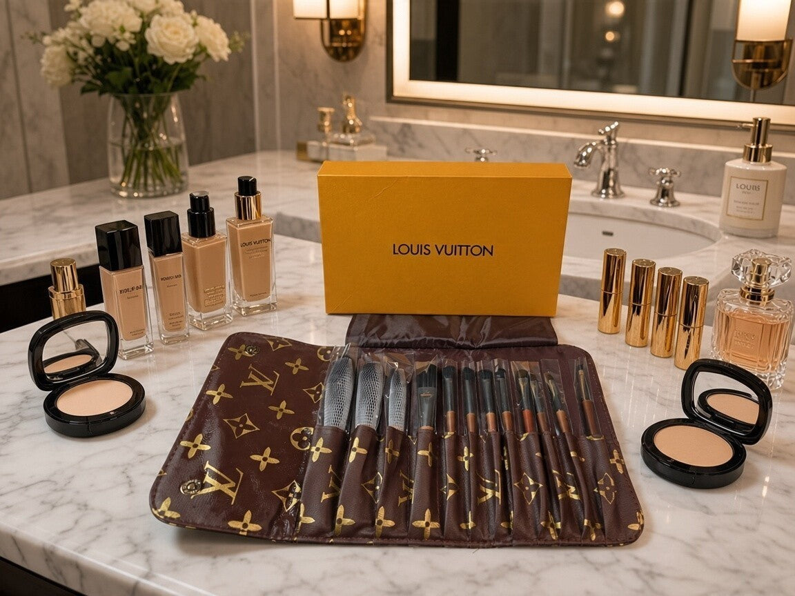 L logo Brown case with Full Size Luxury Makeup Brush set New with gift box