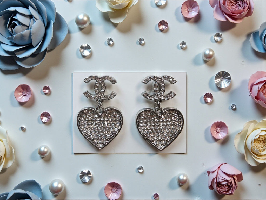 18K White Gold plated CC Logo Drop Hearts