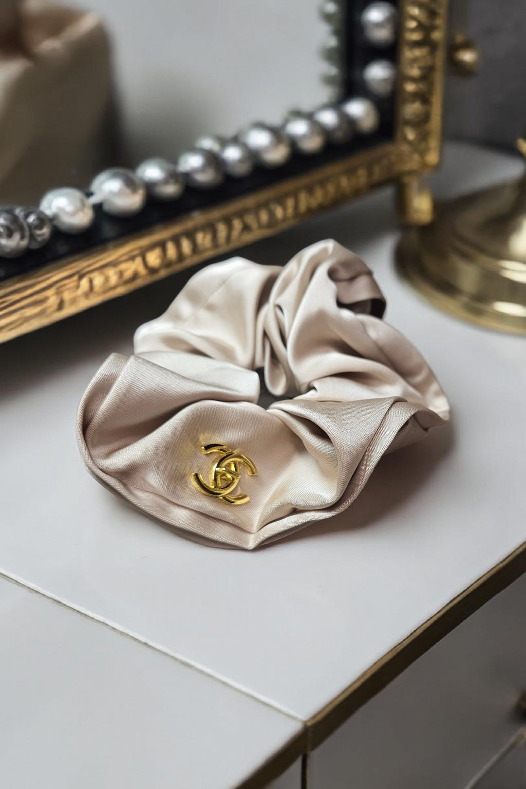 Beige CC Satin Hair Scrunchie