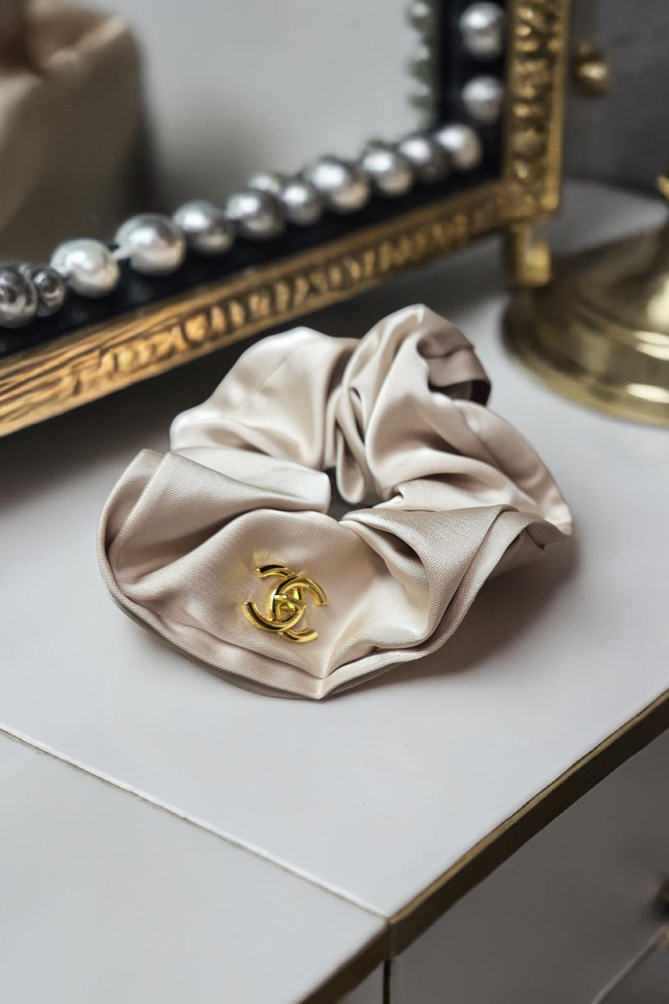 Beige CC Satin Hair Scrunchie