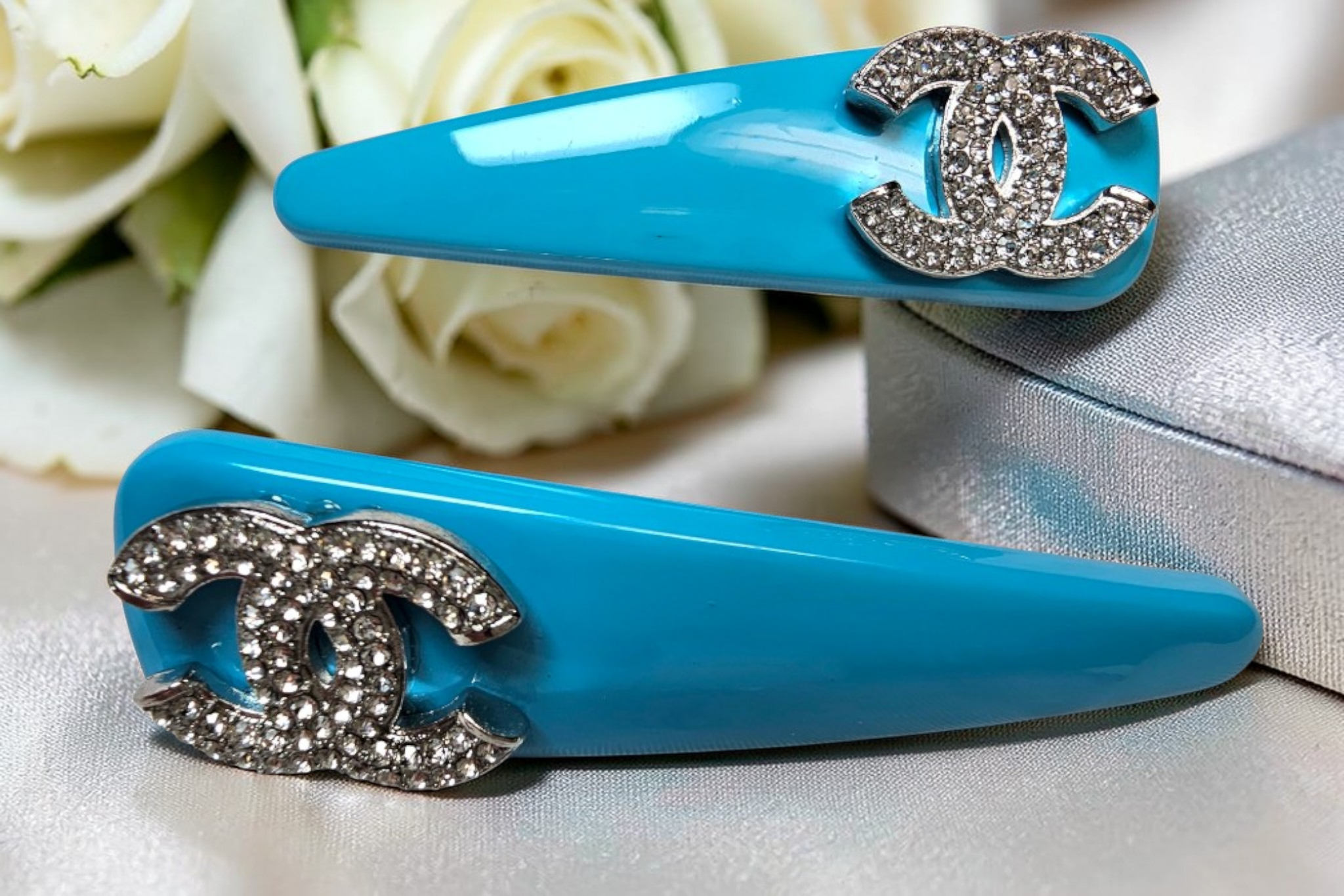 Chanel‑Inspired Ocean Blue Luxury Hair Clip Barrettes — Set of 2