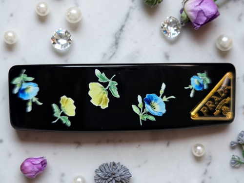 Black Floral and Gold Logo Charm Barrette/ Hair Clip Black Floral Spring
