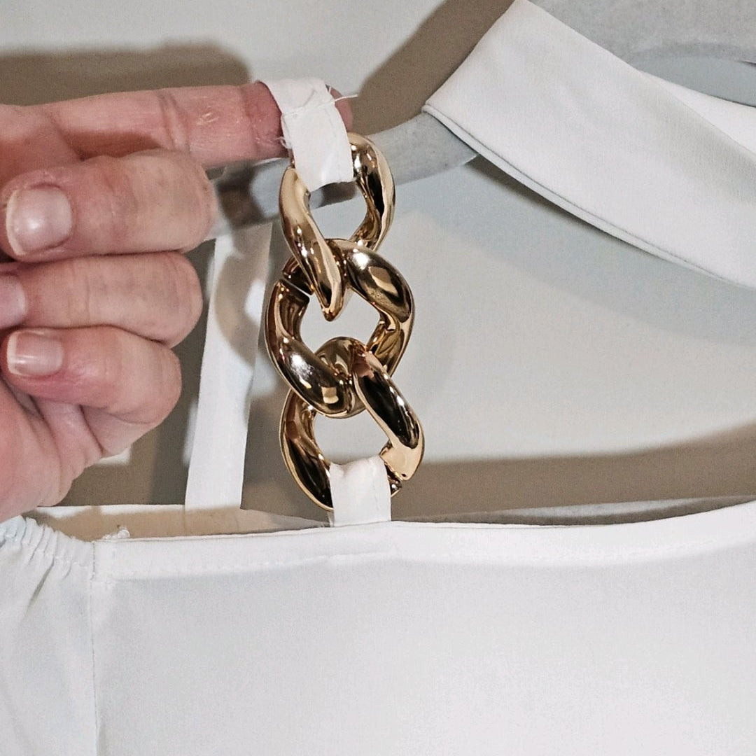 Medusa logo White Silk Blend Asymmetric Embroidered Blouse Size US Large