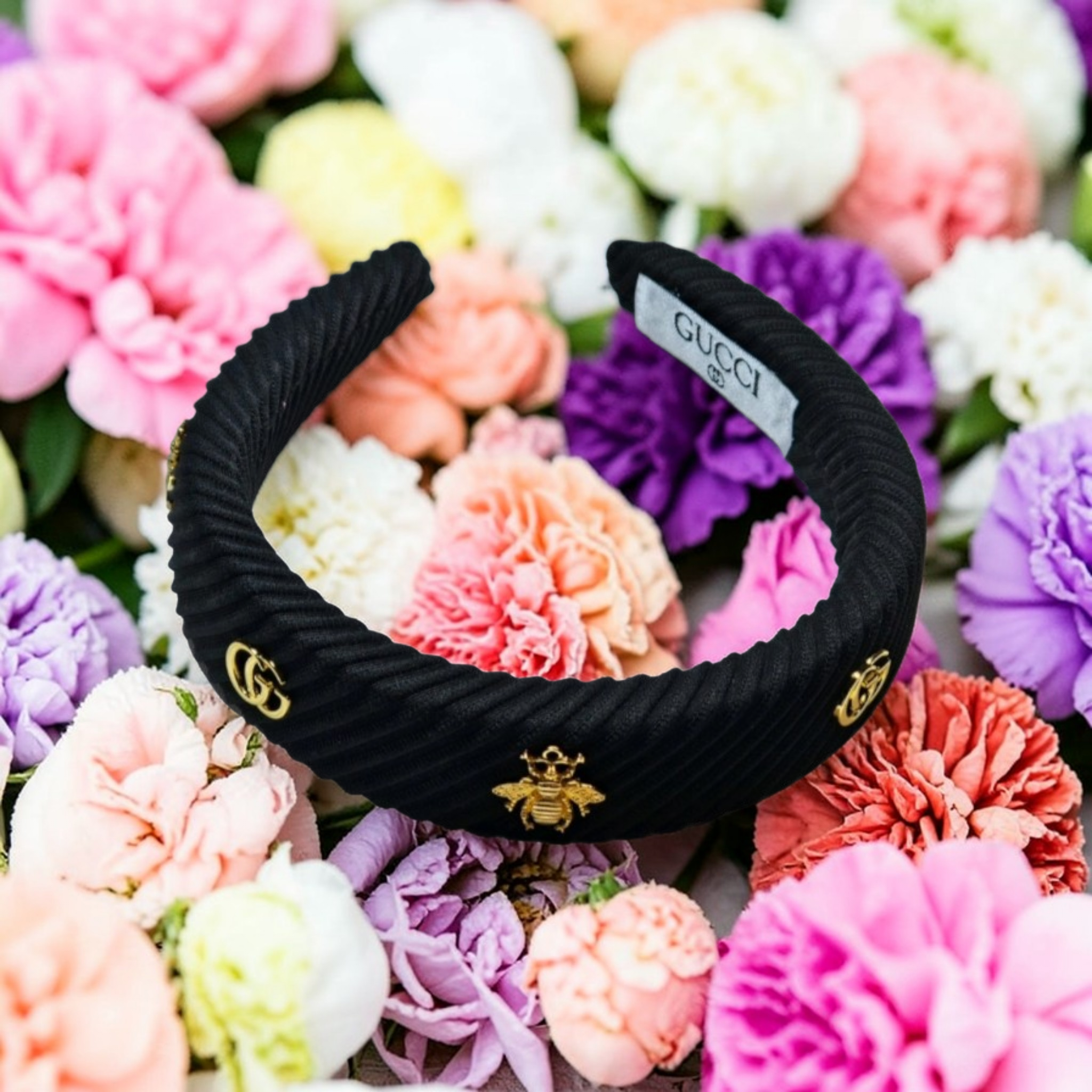 GG Black Corduroy Headband with GG Bee Charms