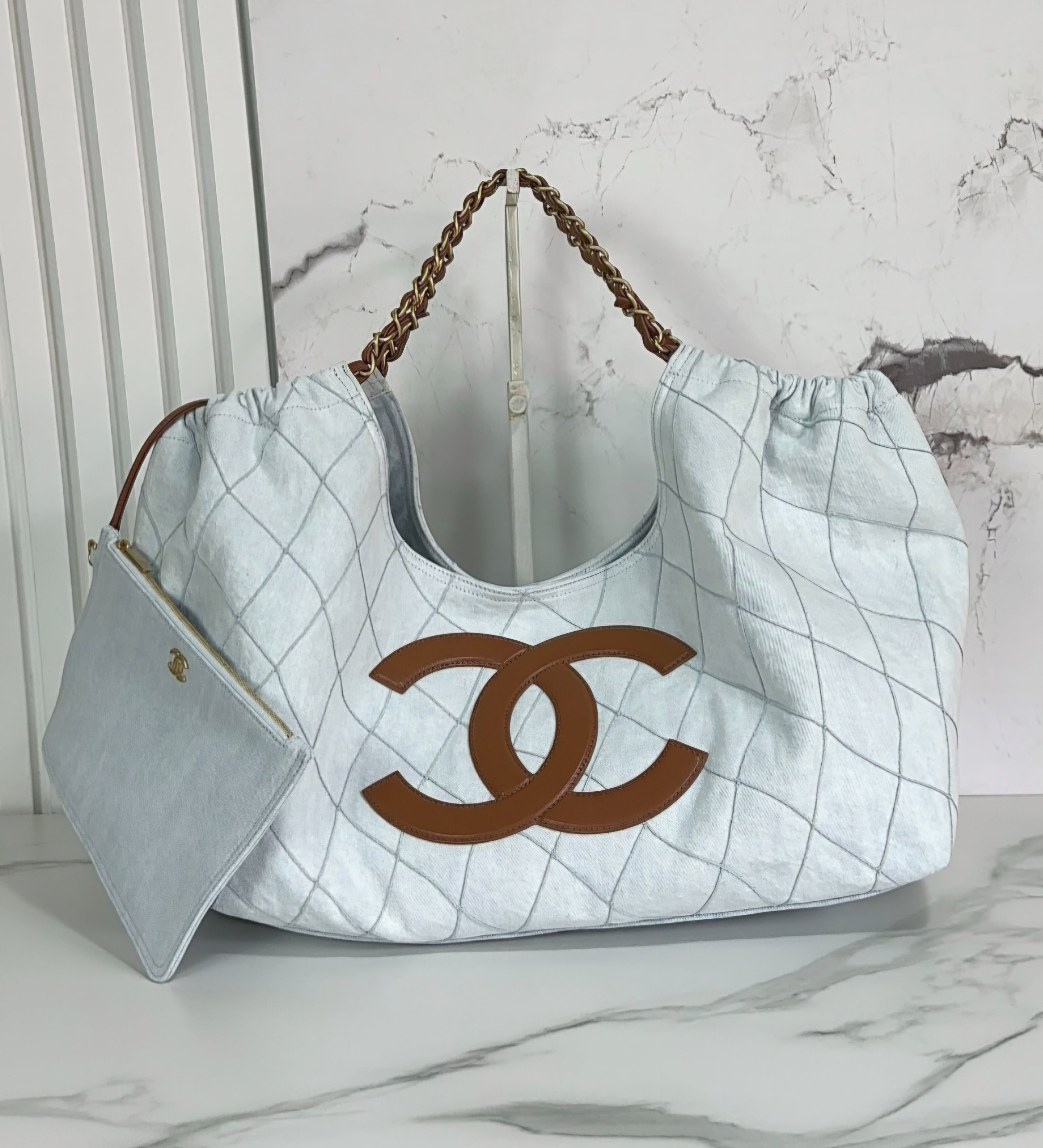 Light Blue Luxury Logo XL Tote Bag