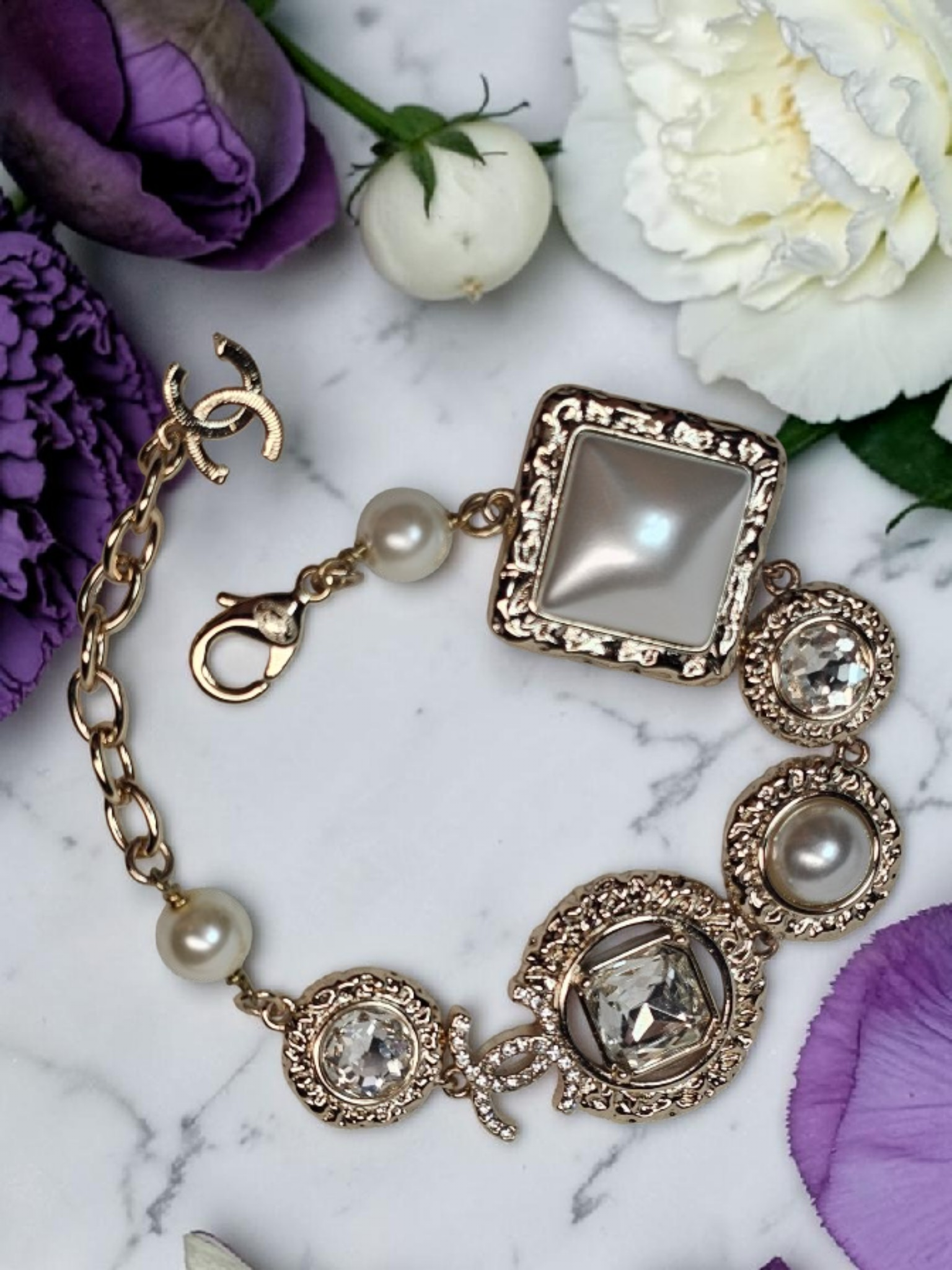 Gold CC Logo Statement Bracelet with charm