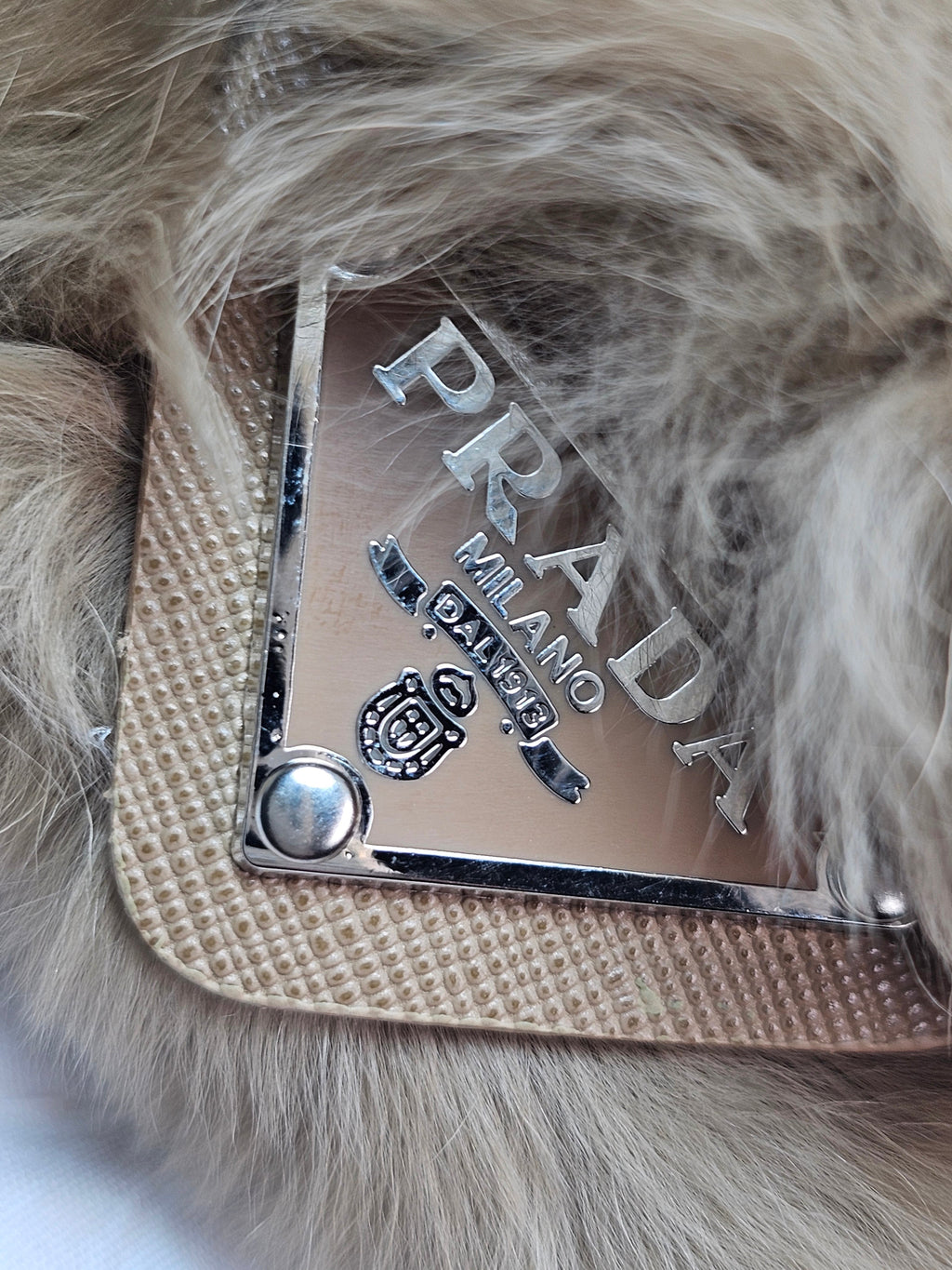 Prada Logo Charm Beige Fur Hair Claw Clip