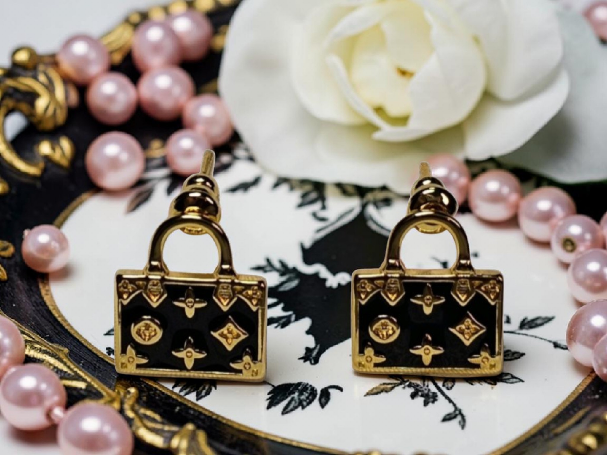 Gold and Black purse Pierced Stud Earrings