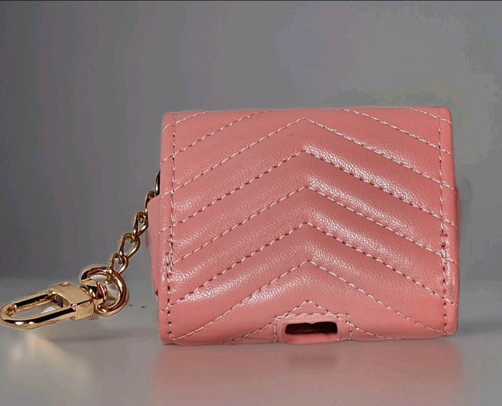 Pink Quilted Leather Yves St Laurent Logo Charm AirPods/Earbuds Case