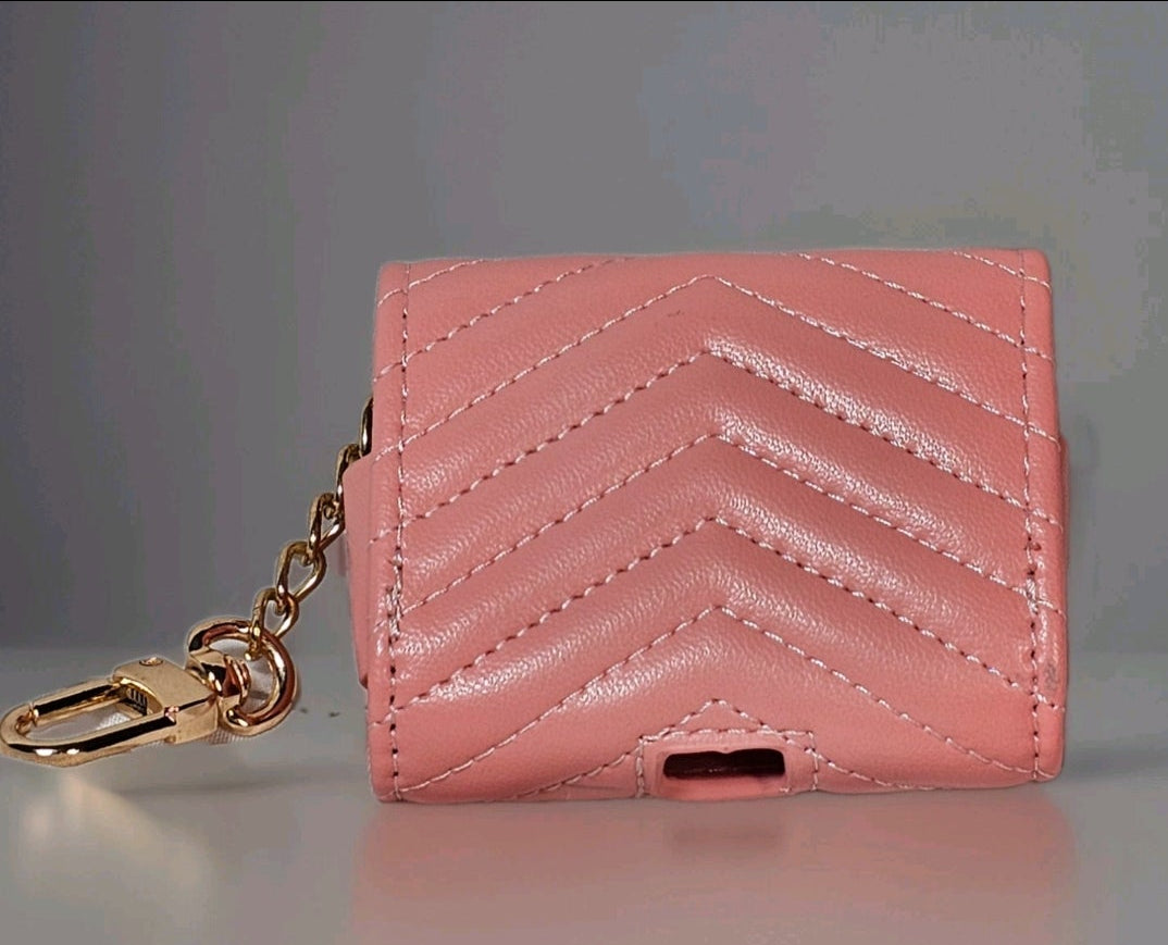 Pink Quilted Leather Yves St Laurent Logo Charm AirPods/Earbuds Case