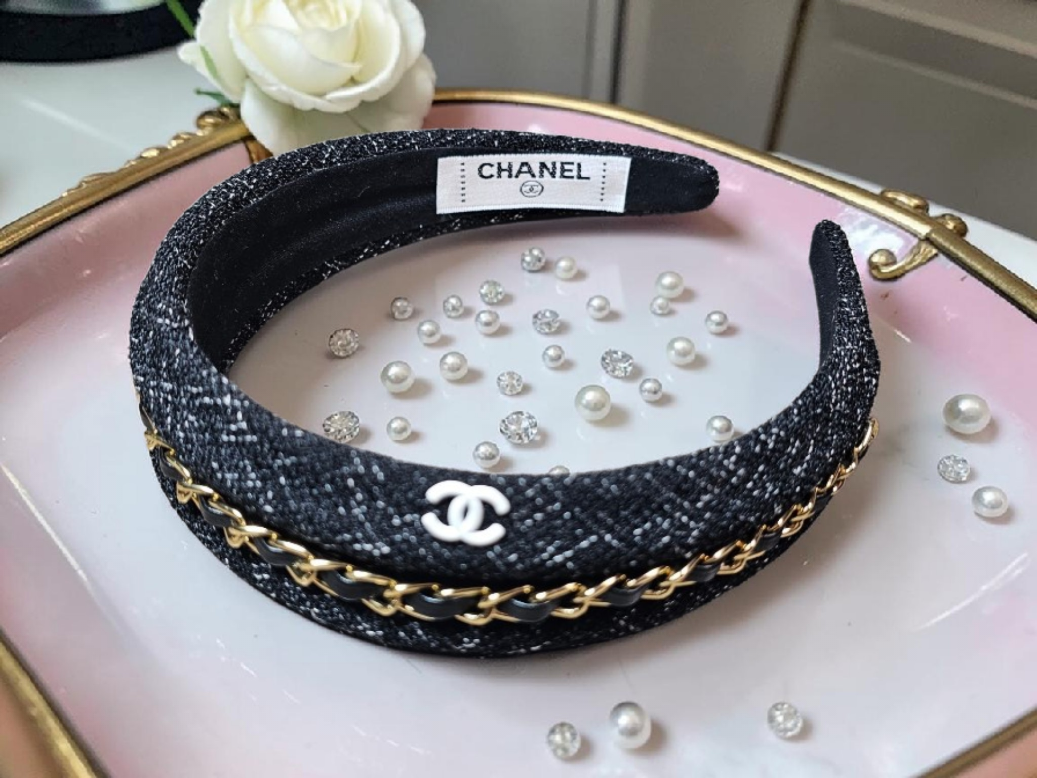 Cc Logo Black, White & Gold Denim Headband
