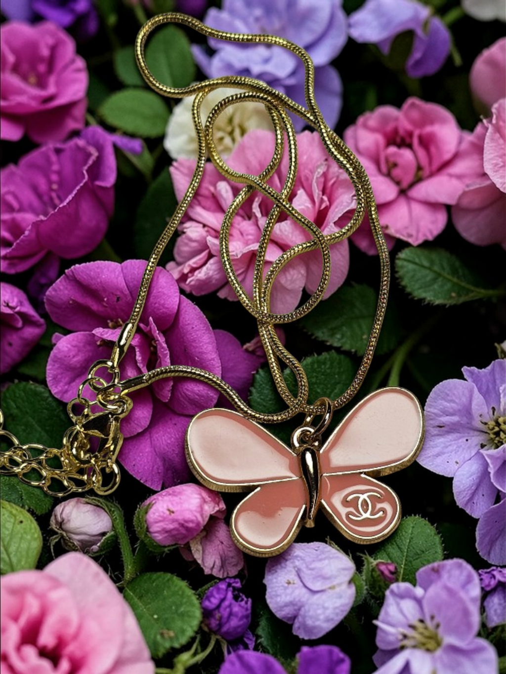 Chanel Charm Pink Butterfly Pendant Necklace