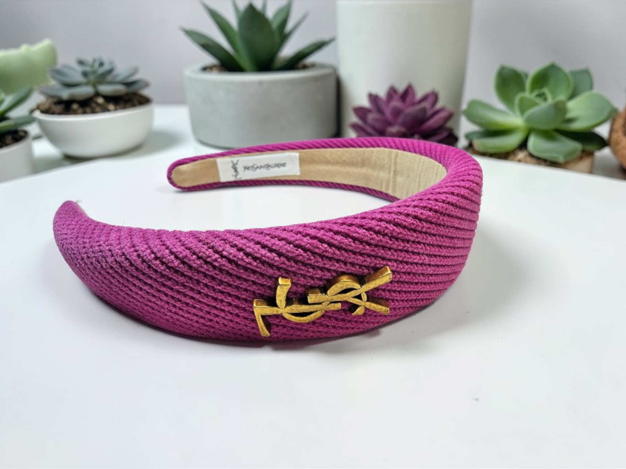 Yves St Laurent Gold logo Pink Textured Headband
