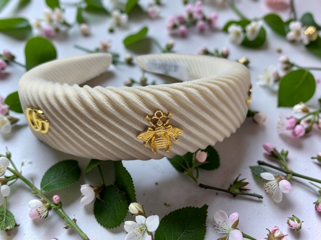 GG Bee Charm Headband — Cream Corduroy & Gold Accents