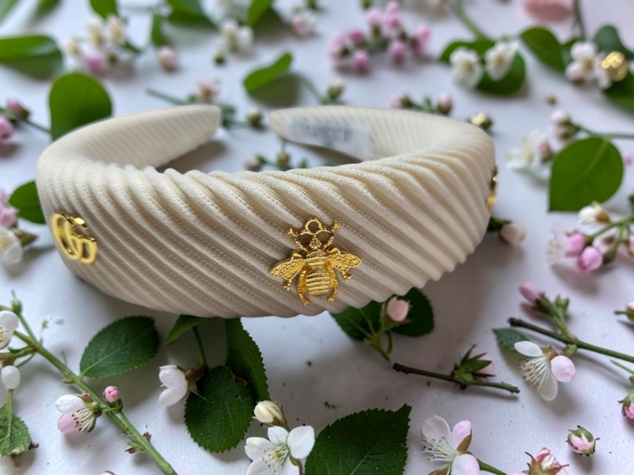 GG Bee Charm Headband — Cream Corduroy & Gold Accents
