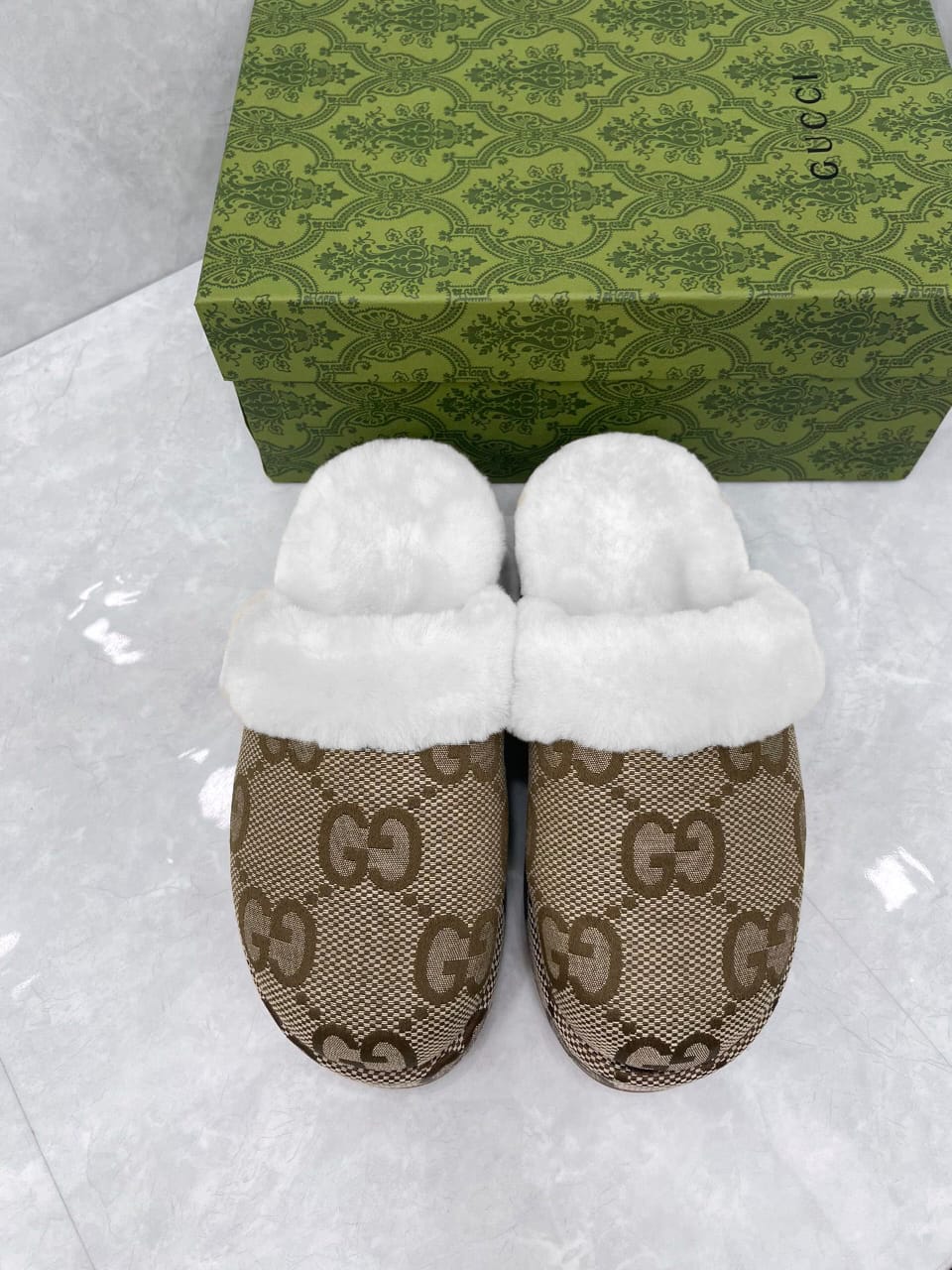 Beige G Slides Fur Interior