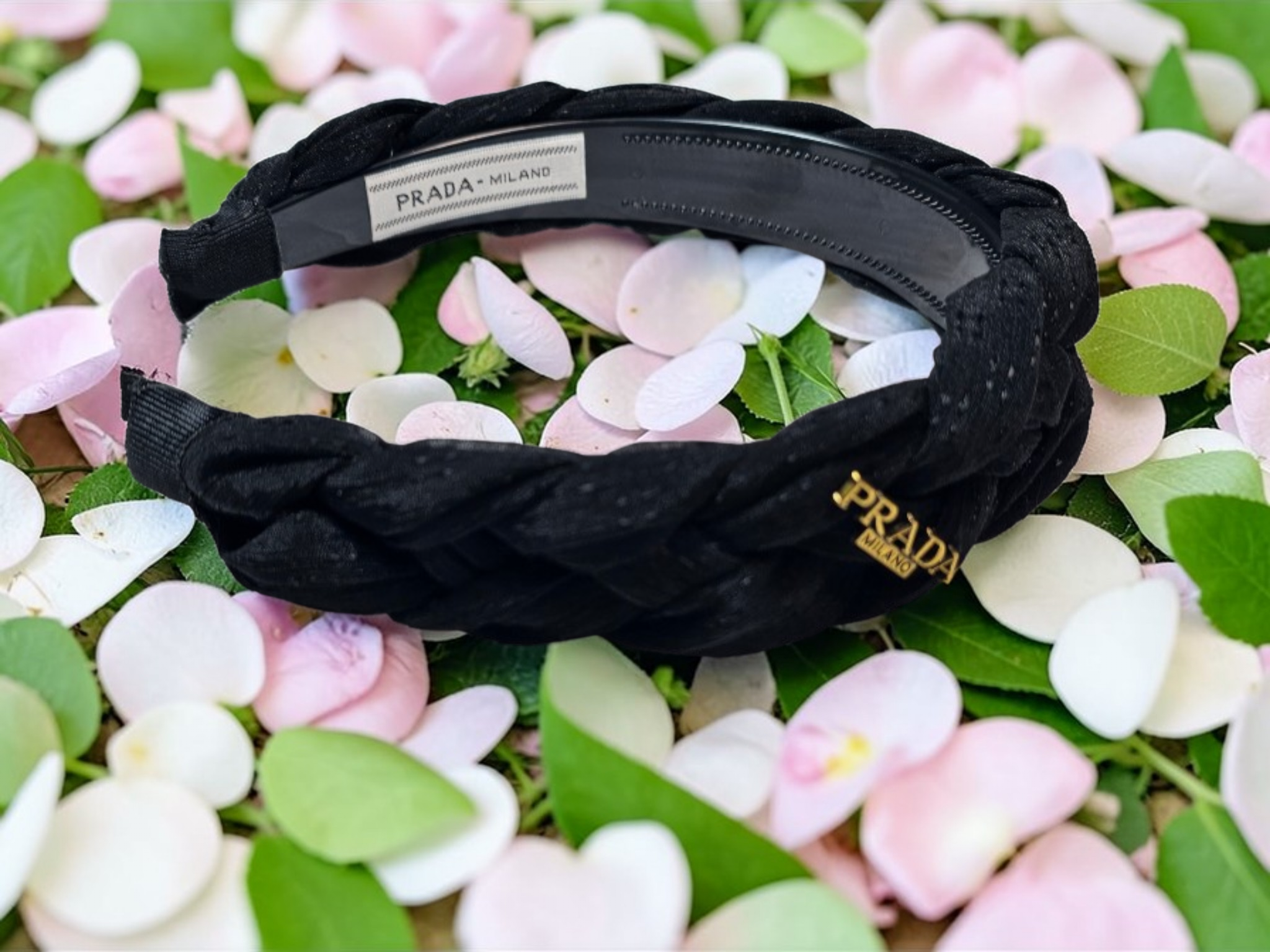 Prada logo charm Black Braided Headband Tagged New