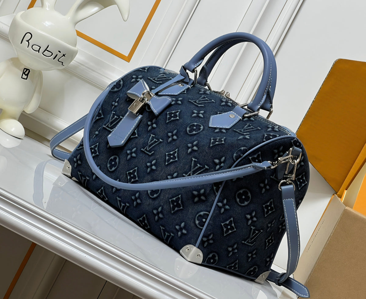 L Logo Deep Blue Denim Barrel Bag