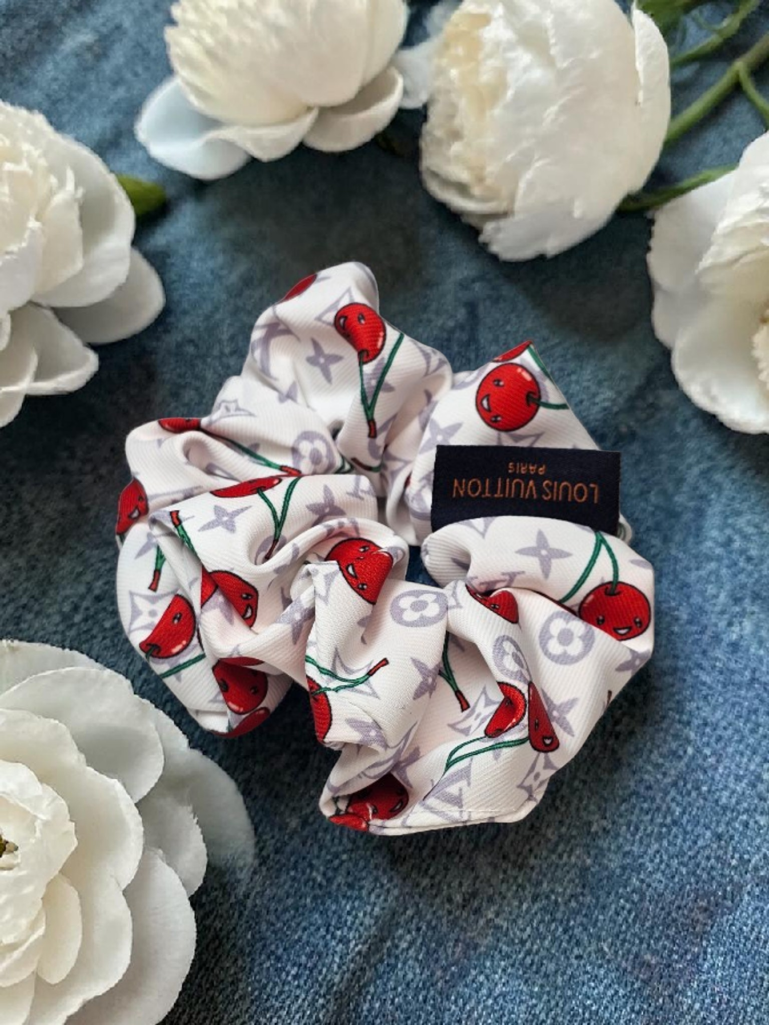 White Louis Logo Cherry Silk Scrunchie