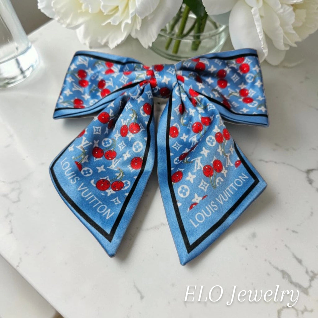 LV scarf bow Hair Clip Blue Cherry