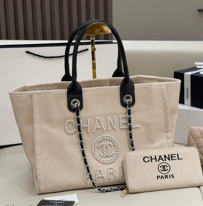 Cream and Black C Logo 2 piece Tote Bag set