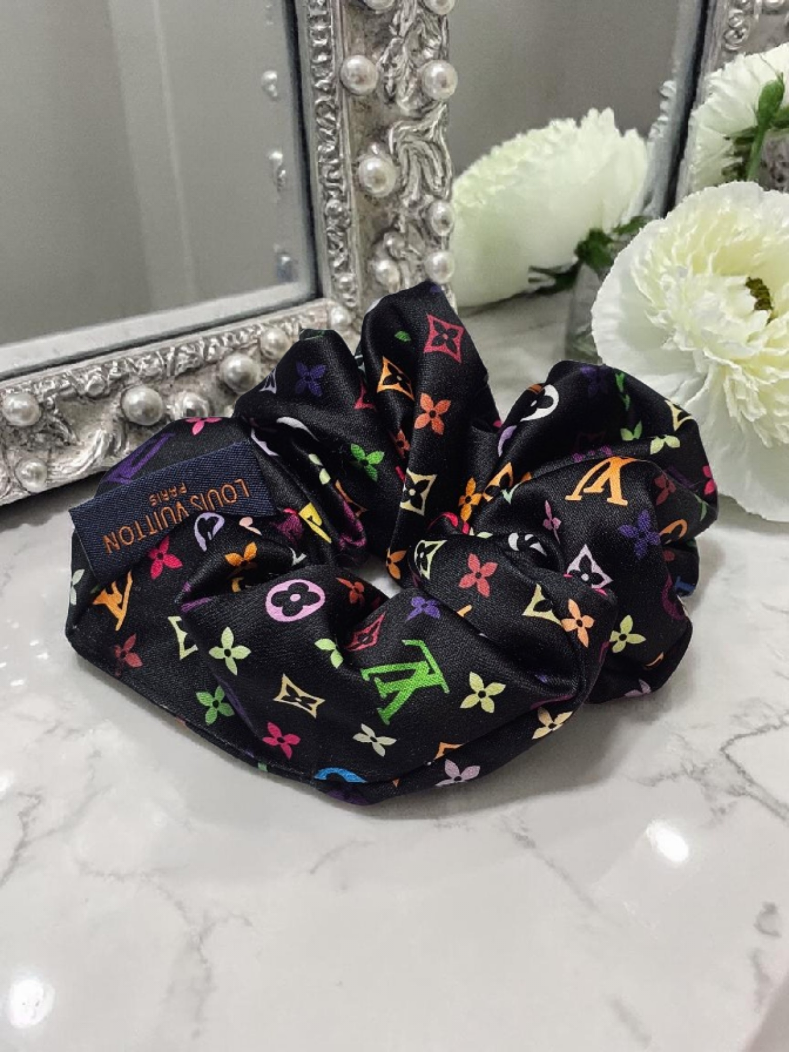 Louis x Murakami Logo Scrunchie Black Summer 100% Silk NEW