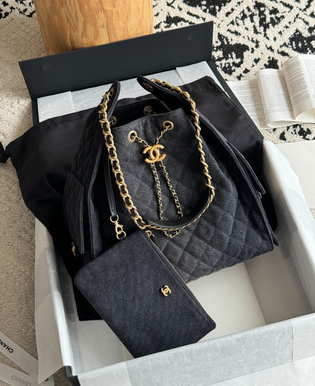 Black Denim XL Dtawstring tote
