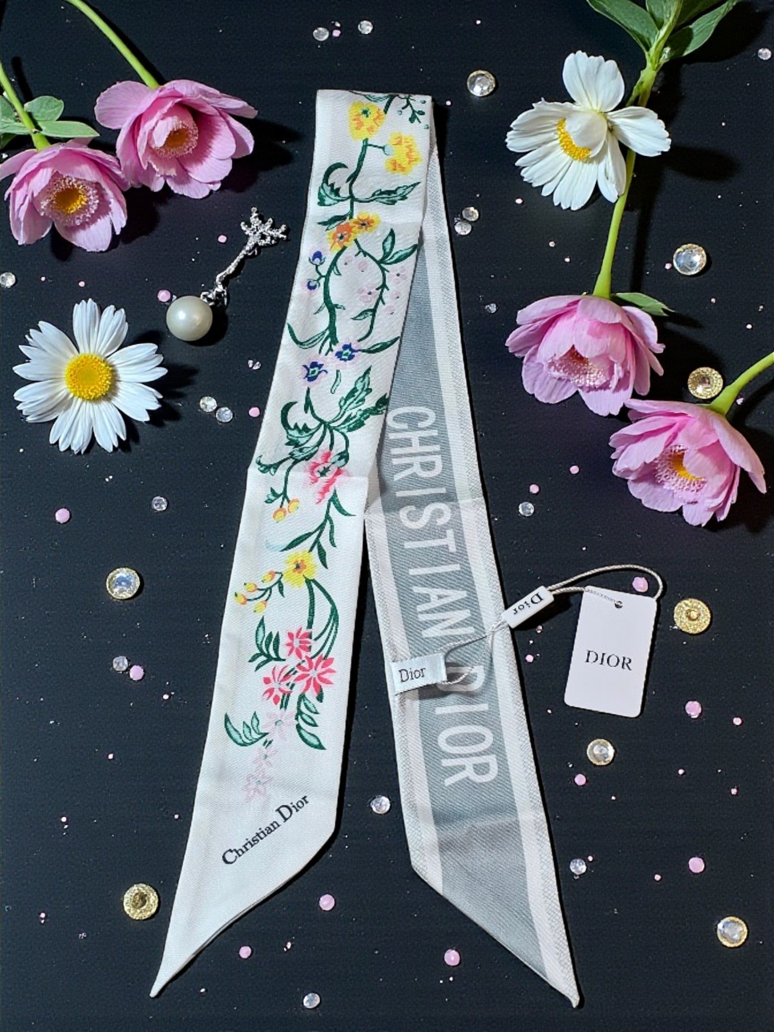 CD Logo Summer 2026 White Floral Bag and Hair Scarf NWT