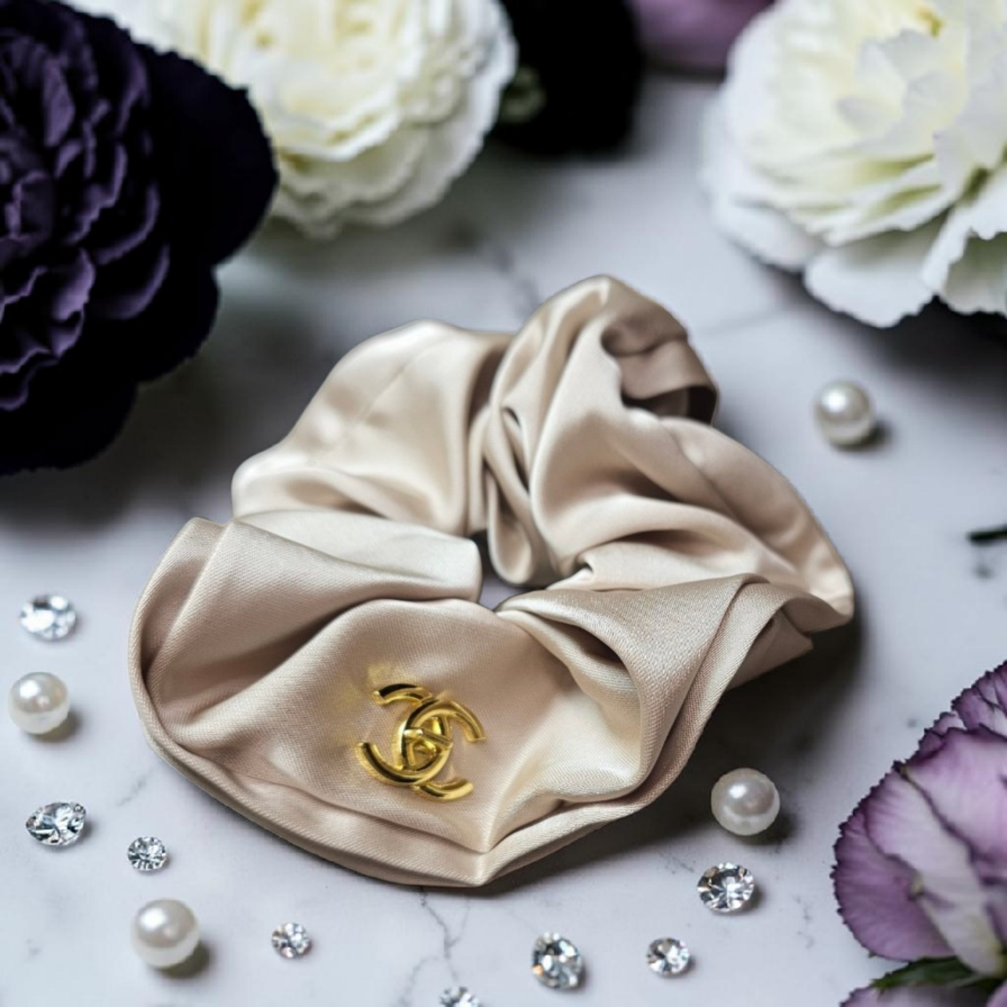 Beige CC Satin Hair Scrunchie