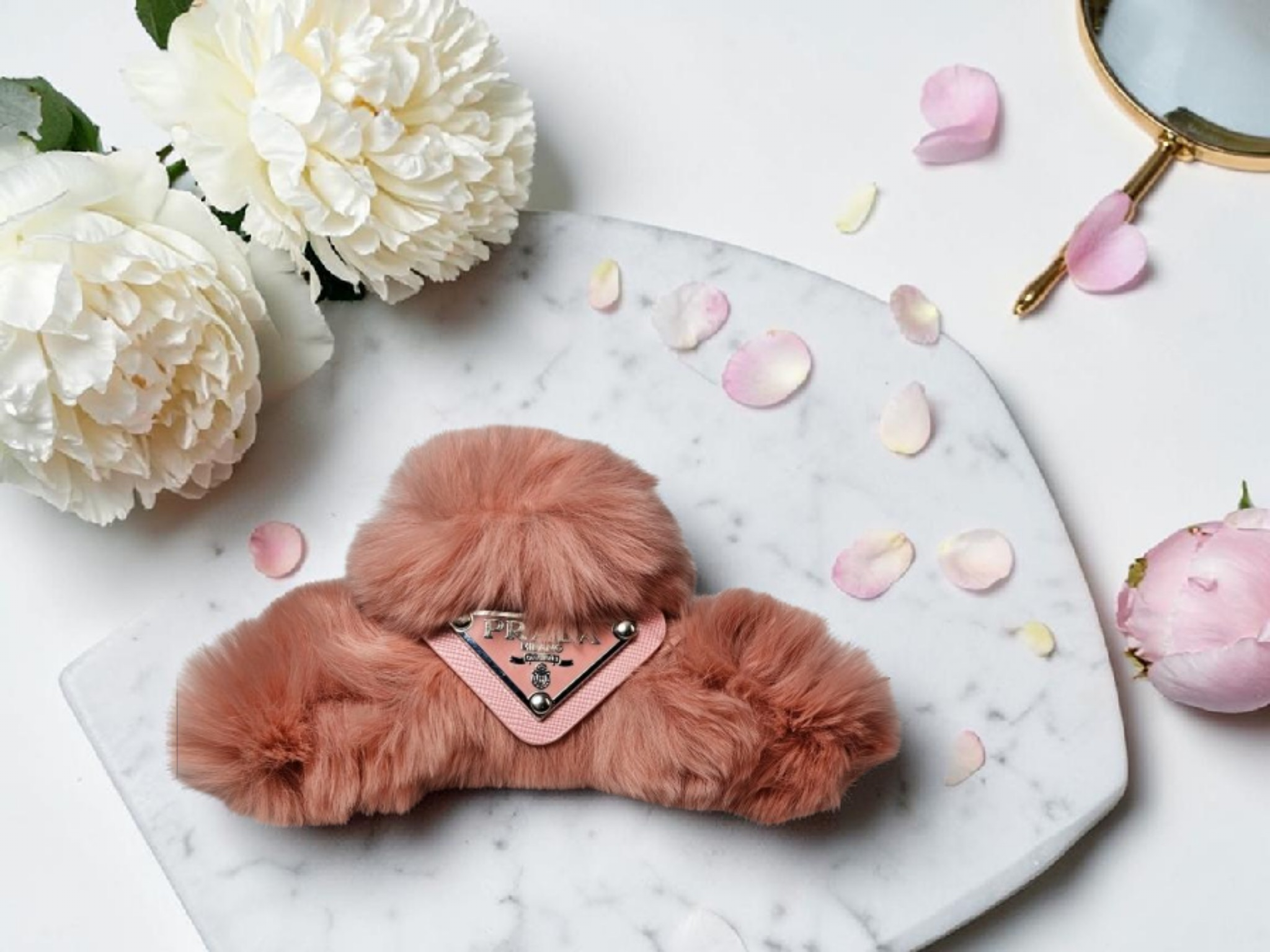 Logo Charm Pink Fur Hair Claw Clip Spring