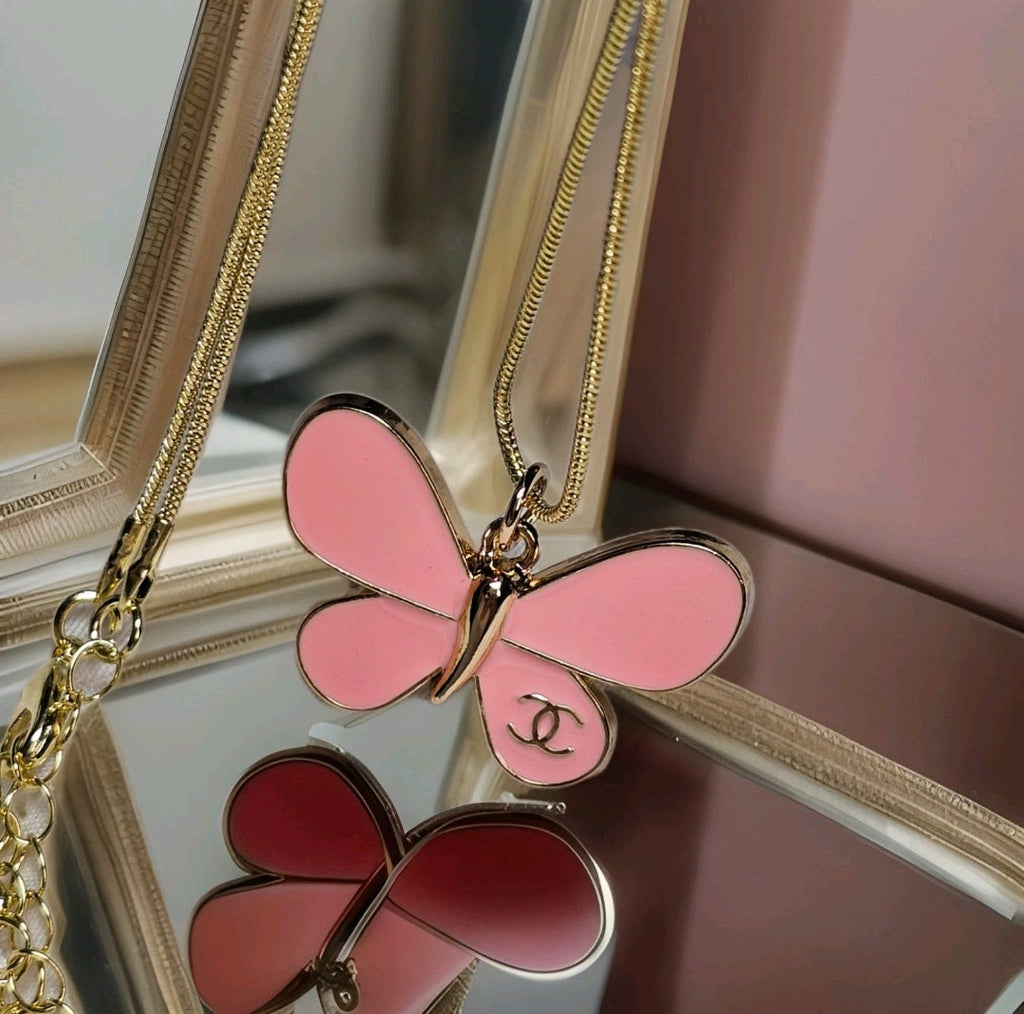 Chanel Charm Pink Butterfly Pendant Necklace