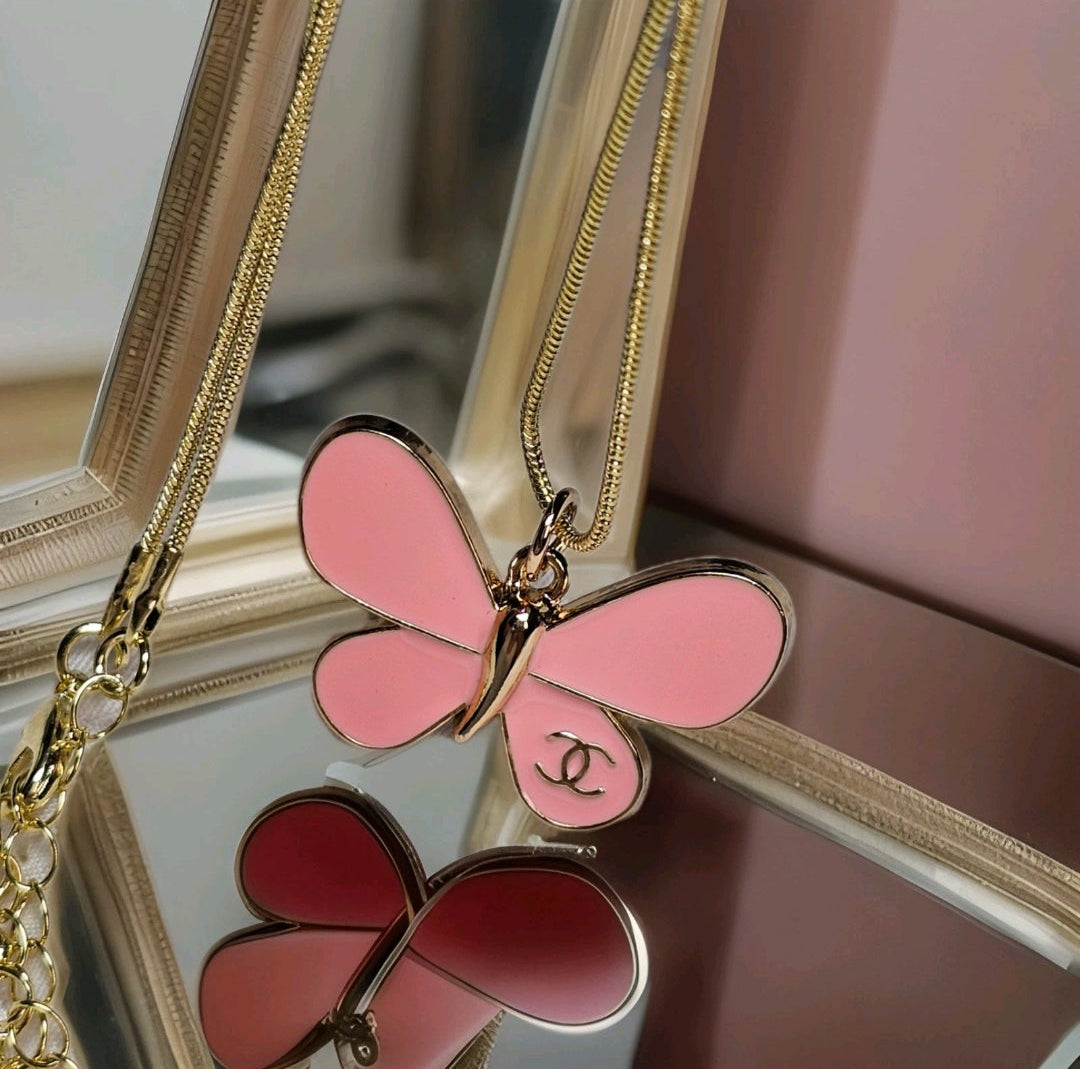 Chanel Charm Pink Butterfly Pendant Necklace